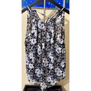 Ann Taylor Black Floral Halter Top With White Flowers Size PS Tunic Flowy Blouse